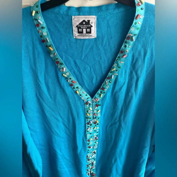 Storybook Knits Plus Size Pebble Beach Colorful Beaded Knit Blue Cardigan in 2X - Picture 2 of 8
